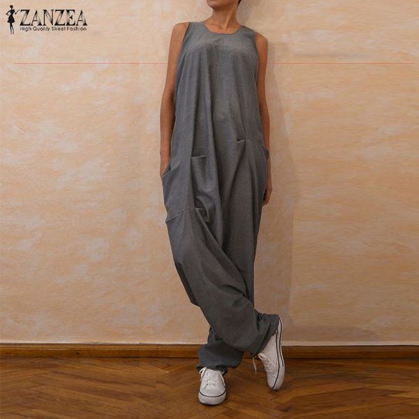 

zanzea 2019 women summer sleeveless jumpsuits loose solid overalls female robe suspenders drop crotch harem rompers casual pants, Black;white