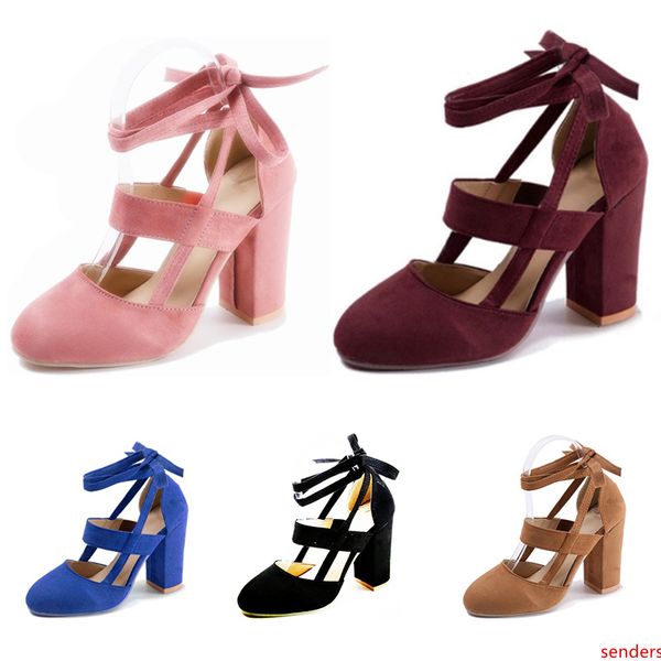 

2020 whole sale women high heel suede ankle strap with thick heels yellow red black blue size 35-40