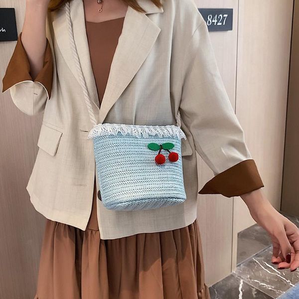 женская сумка через плечо соломенная вишня женская маленькая свежая кружевная ведро сумки молния сумка сумка крест тела женский #yj