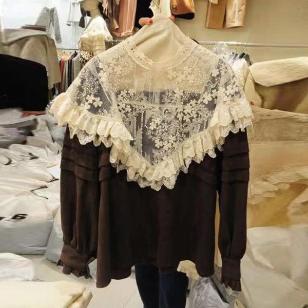 

кружева срощенных оборки рубашки женская полые из перспективы lace блузы 2020 весны и осень ретро блуза и топы женской, White