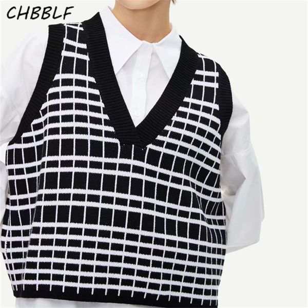 

chbblf women basic v neck knitted sweater sleveless plaid vintage pullovers female casual stretchy bgb9102, Black;white