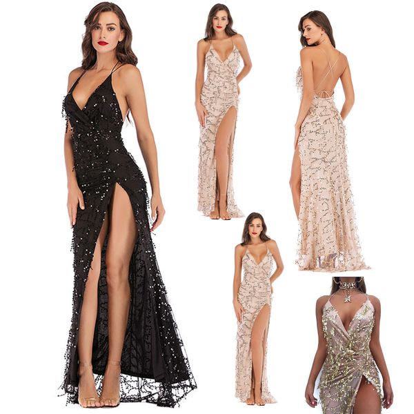 

2020 female tassel dress golden sequins long formal dress women elegant party dresses ladies split dresses suspender dress, White;black