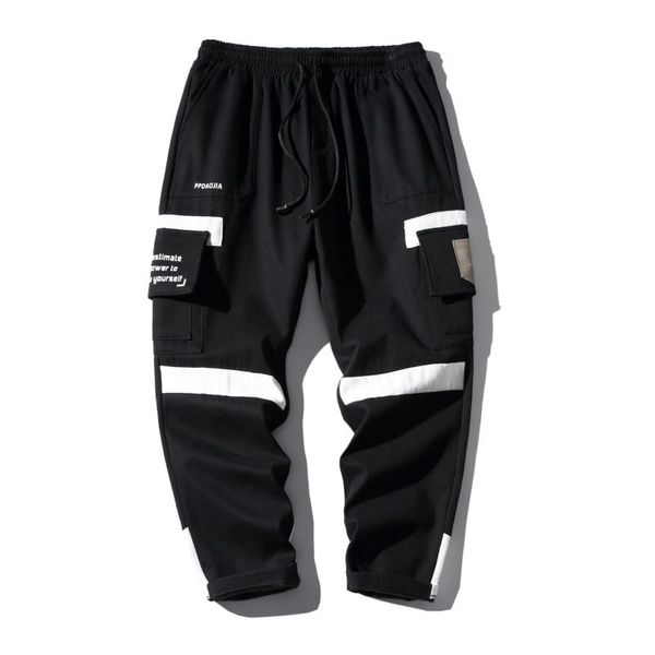 

2020 autumn men multi-pocket harem pant street punk hip hop casual trousers joggers male cargo pants harajuku joggers, Black