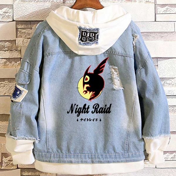 

anime akame ga kill night raid casual layered denim jackets frayed rib long sleeve hooded jean jacket loose cowboy spring coat, Black;brown