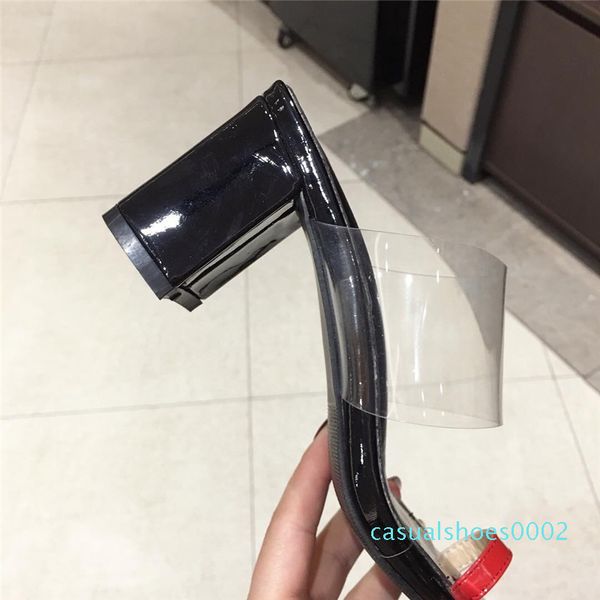 

2020 summer fashion women transparent slides mules white black heels flip flops slippers square toe high heels slides party shoe