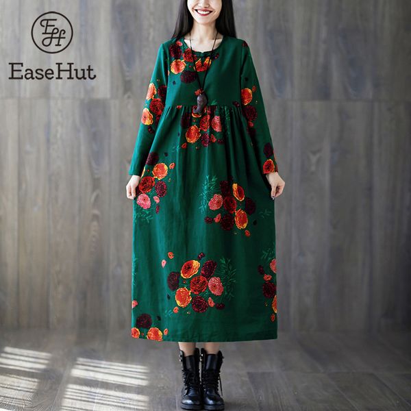 

easehut women boho floral printed dress loose casual vintage cotton linen dresses plus size o neck long sleeve pockets robe new, Black;gray