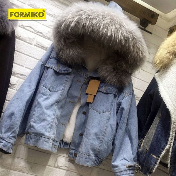 

women big fur collar hooded denim coat winter thicken denim jacket female student short lamb coat the parent-child ourfit jacket, Black;brown