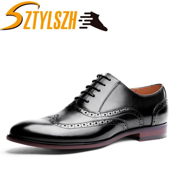 

big size fashion luxury genuine leather dress shoes carved business formal oxfords men wedding party shoe wholesale, Black
