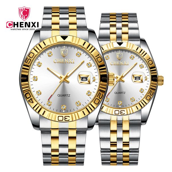 

chenxi lover's watches women&men business dress watch sytlish rhinestone steel strap couple quartz clock waterproof, Slivery;brown