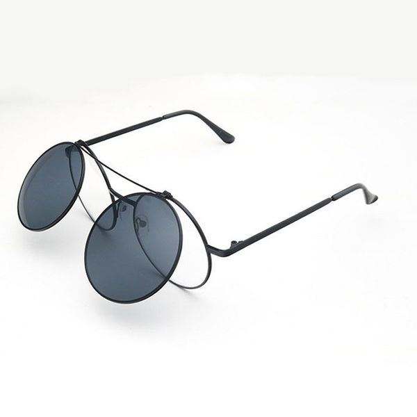 

wholesale-vintage men women clamshell sunglasses round metal frame glasses steampunk clamshell lentes flip up clear lens pun sun glasses, White;black