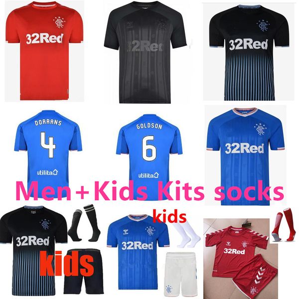 

19 20 glasgow rangers soccer jerseys kids kits+socks home away men 2019 2020 tavernier kent child davis football shirts, Black