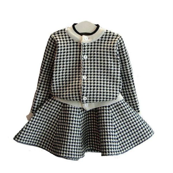 

fashion girls sets new autumn pink houndstooth knitted suits long sleeve plaid sweater+skit 2pcs kids suits for 3-7y, White