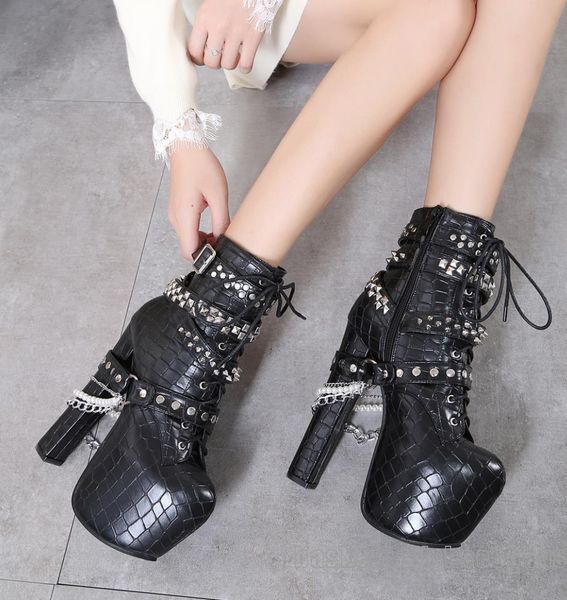 

16cm luxury black pu leather buckel rivets chain thick heel knight boots motocycle boot women size 34 to 40