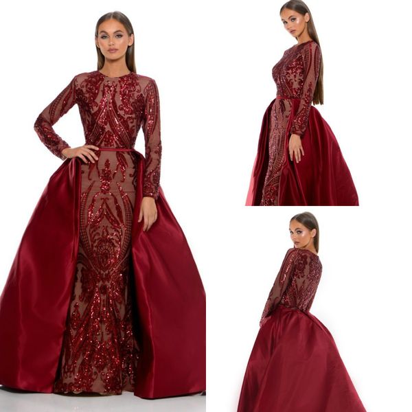 

2019 burgundy evening dresses with detachable overskirt satin sequins long sleeve mermaid prom dress custom made modest formal party gowns, Black;red