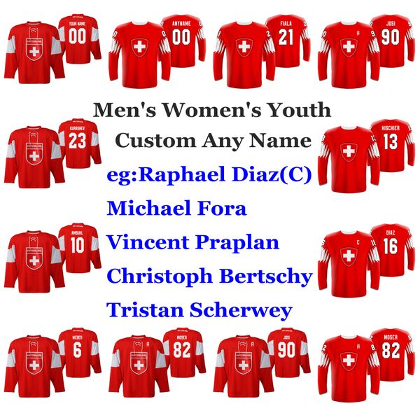 

switzerland 2019 iihf world championship hockey jerseys janis jerome moser michael bertschy tristan scherwey sven andrighetto custom stitche, Black;red