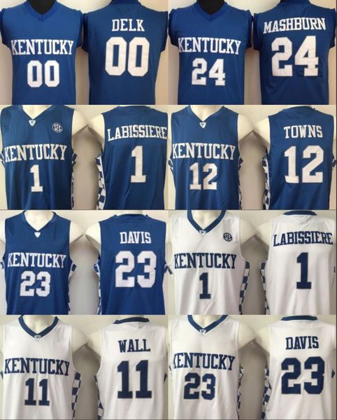 

Mens Kentucky Wildcats 11 John Wall 23 Anthony Davis 12 Karl-Anthony Towns 15 DeMarcus Cousins College Blue White Stitched Basketball Jersey