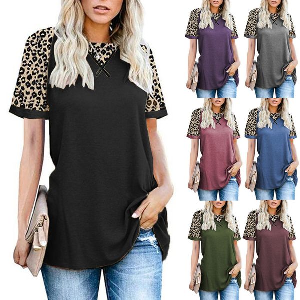 

женская дизайнерская круглая шея леопардовый принт сплошной цвет повседневная футболка с коротким рукавом clothing652m, White