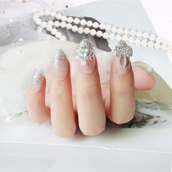 

wedding bride transparent shiny sequins fake nail patches with glue glitter diamante crown bowknot shape artificial nails 24pcs, Red;gold