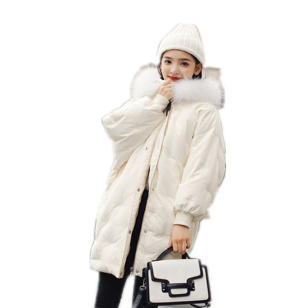 

down jacket women's middle and long style 2018 korean new loose fashion bread suit light and heavy wool collar winter coat 90313, Black