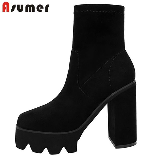 

asumer 2020 new fashion ankle boots women flock round toe high heels platform boots slip on slim party prom shoes ladies, Black
