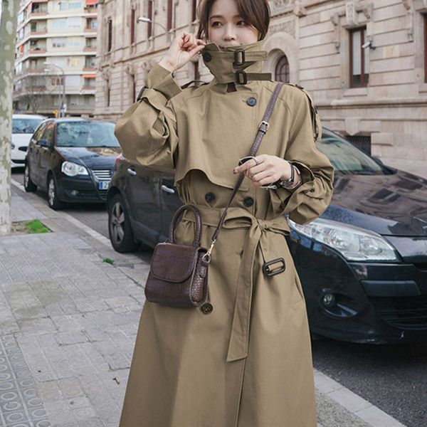 

2020 spring autumn double-breasted overall windbreaker female workwear coat new women loose casual trench coat pr017, Tan;black