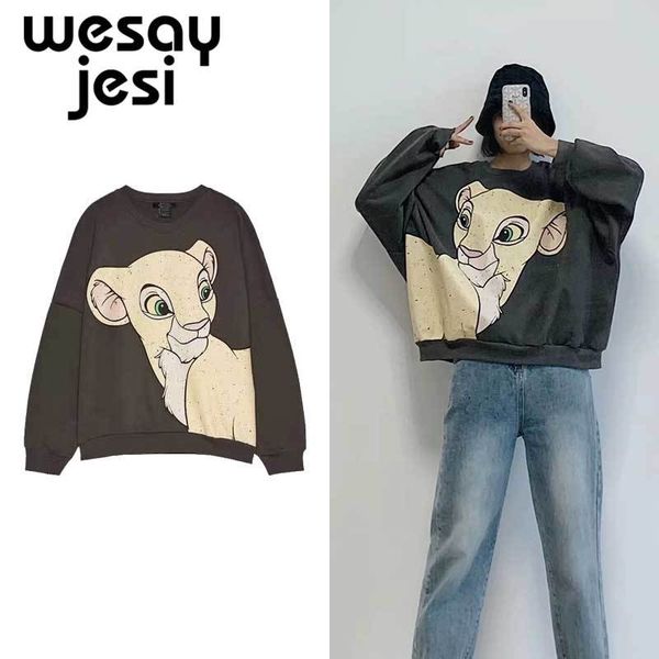 

2019 женщин одежды осени толстовка harajuku льва печать случайных пуловеры o-образный вырез jogger полного рукава женщин топов шикарных толс, Black