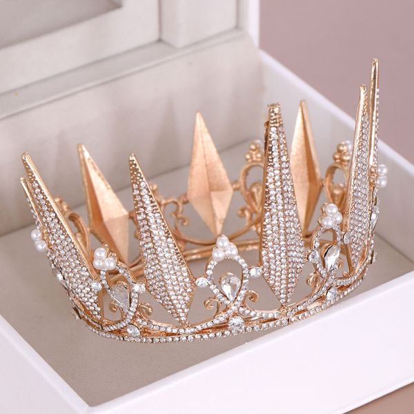 

forseven baroque round gold rhinestone crystal crowns tiaras with hair combs queen princess bridal bride wedding hair jewelry, Golden;white
