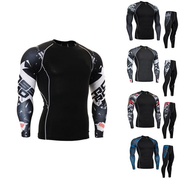 

men's sportswear for running clothes gym training base layer leggings+long sleeves tights shirts rashgard male workout sport kit, White;black