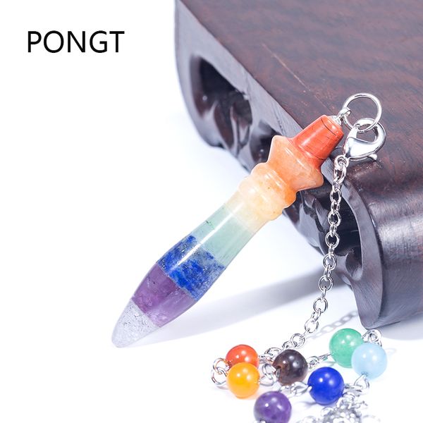 

natural stone 7 chakra pendulum round stick taper healing crystal point reiki rainbow quartz stone pendulos yoga jewelry, Silver