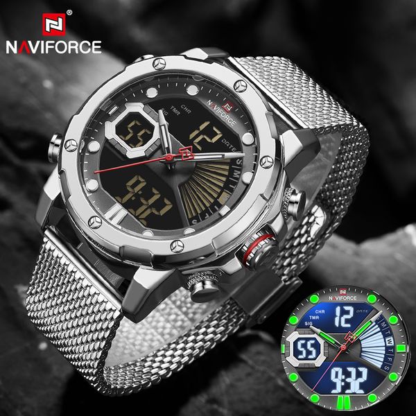 

naviforce luxury mens watches quartz steel strap led digital sport wrist watch waterproof clock relogio masculino 2020, Slivery;brown