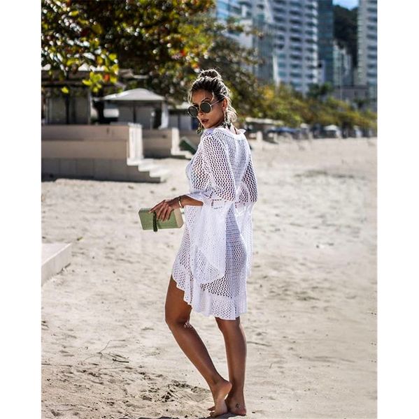 

womens designer summer beach smock trumpet sleeve fashion cutout knitting sun shirt ladys beach outer clothing breathable blouse, White;black