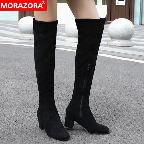 

morazora 2020 plus size 45 women over the knee boots flock zip autumn winter long boots solid colors high heels shoes woman, Black