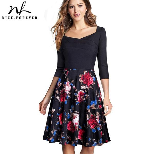 

nice-forever retro floral printed patchwork party dresses 1950's pinup women flare swing dress a075, Black;gray