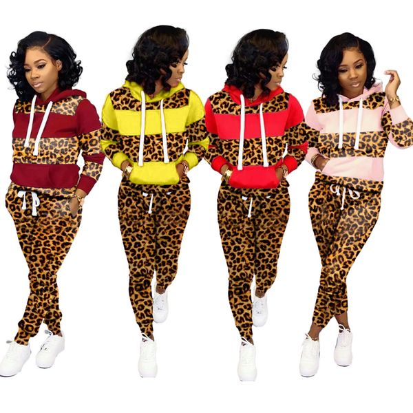 

women leopard panelled tracksuit hoodie long sleeve patchwork hooded pullover pants trousers two pieces outfits set sport suit ljja3177, Gray