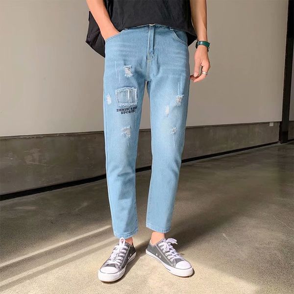 

wholesale 2019 spring autumn men's jeans hombre self-cultivation loose straight casual teenager men ankle length harem pants men, Blue