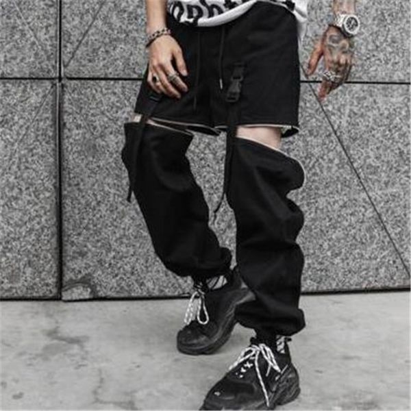 

streetwear loose punk hip hop pants men personality detachable zipper trousers men tactical pants mens gym clothing sweatpants, Black