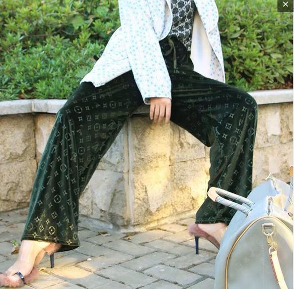 

Women cool new arrival cool fa hion brand ca ual high wai t mopping letter printed gold velvet oft wide leg pant, Black;white