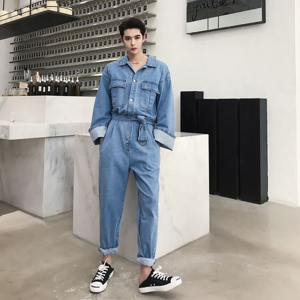 

men retro fashion casual loose denim overalls streetwear hip hop long sleeve jeans harem pant male women jumpsuit jeans trousers, Blue