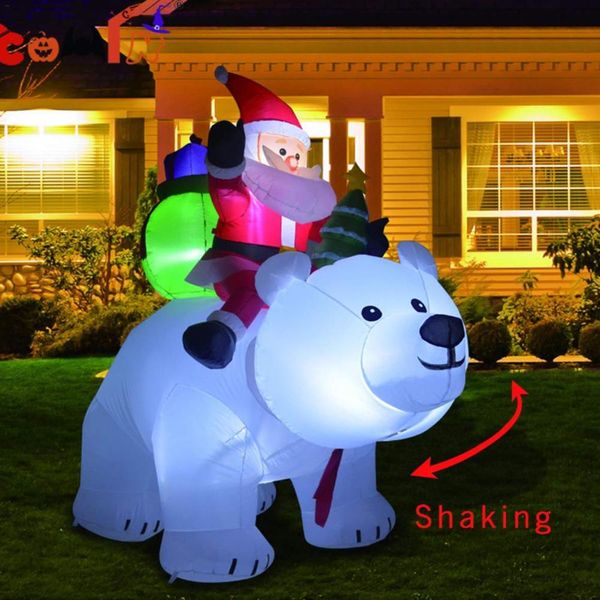 Riesiger aufblasbarer Weihnachtsmann, der Eisbär reitet, 2 m, aufblasbare Weihnachtspuppe mit schüttelndem Kopf, für drinnen und draußen, Garten, Weihnachtsdekoration