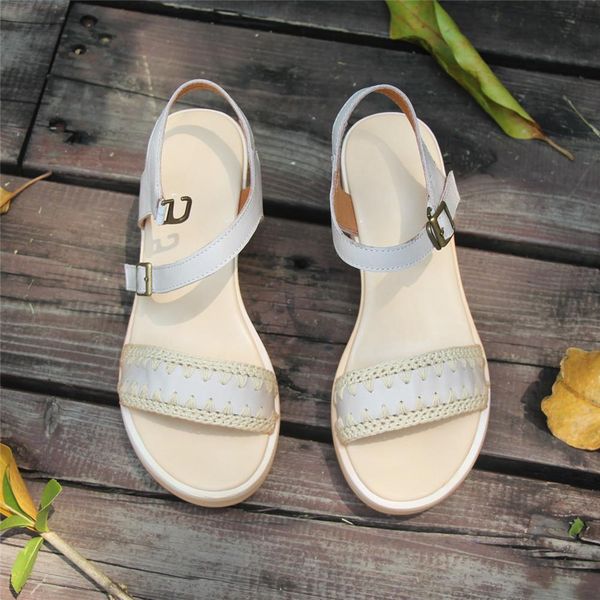 

womens handmade retro leather open toe knitting platforms gray/coffee, Black