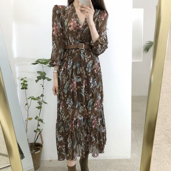 

fall women button v neck flower print long sleeve dress splice wood ears ruffles long dresses chiffon with lining vestidos, Black;gray