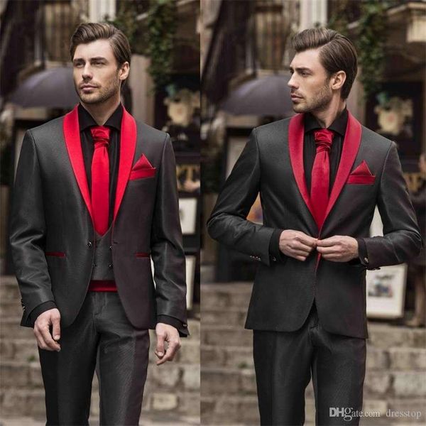 Homens vermelhos e pretos ternos de três peças Homens Prom Tuxedos Ternos Calças Jaqueta Calça Design Slim Fit Tailor Blazer (Jaqueta + Calça + Colete)