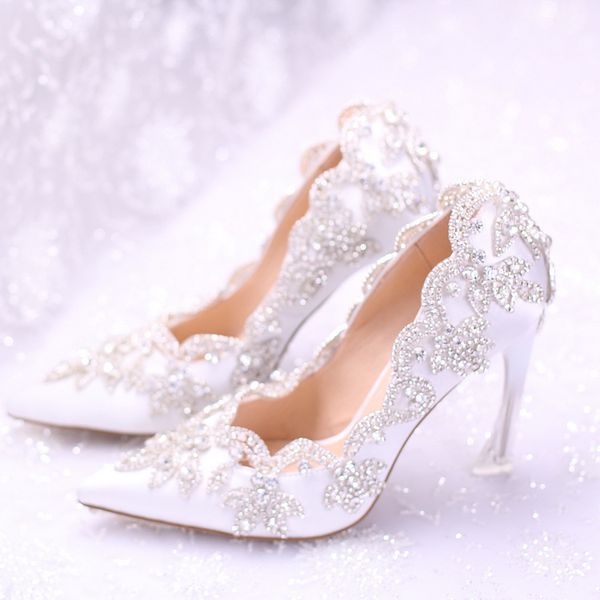 Çarpıcı Kristaller Elmaslar Düğün Ayakkabıları Nokta Toe High Topuklu Beyaz Gelin Pompalar Bayan Partisi Balo Ayakkabı AL2311
