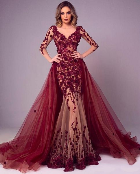 

fabulous burgundy mermaid lace evening dresses with detachable train long sleeves v neck plus size formal dress appliqued beaded prom gowns, Black;red