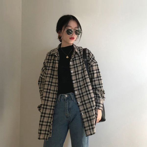 

autumn women's 2019 new korean mid length design sense small check shirt loose net red long sleeve top, White