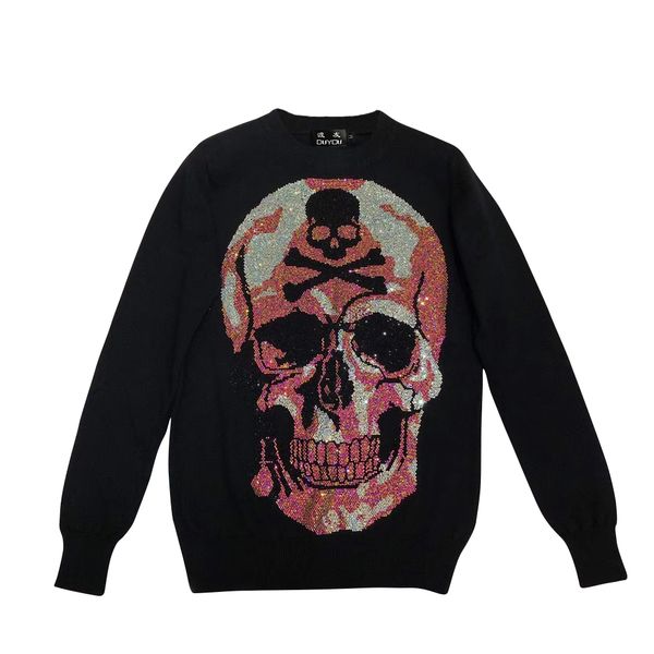 

duyou new brand wool sweater mens designer sweater autumn winter fashion knitted pullover men rhinestone big cover skull sweater, White;black