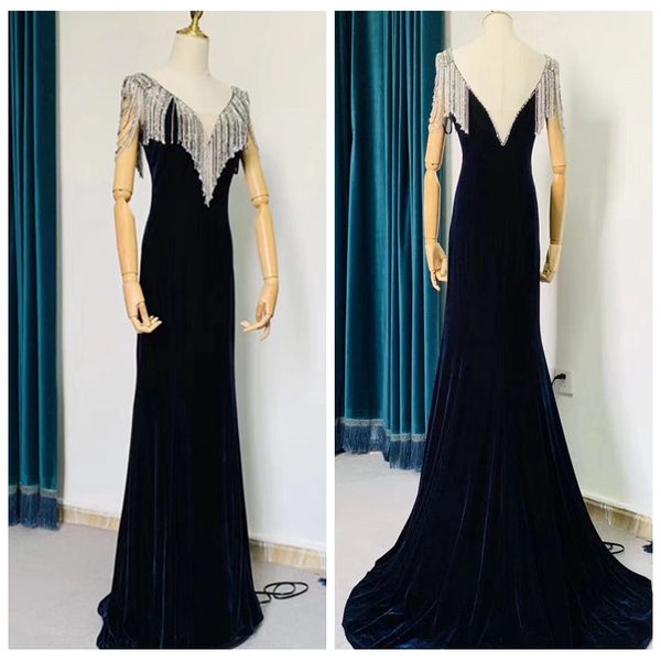 

super fashion v-neck a-line navy blue prom dresses with tassels crystals beading velvet prom dress low v back formal evening gowns, Black