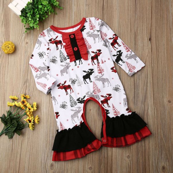 

Newborn Christmas Infant Baby Girl Deer Print Jumpsuit Long Sleeve 0 Neck Button Romper Bodysuit Playsuit Outfit Clothes 0-24M