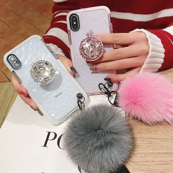 

fur ball bracket strap diamond clear tpu case for iphone 11 pro max xr xs x 6 7 8 samsung s8 s9 s10 5g plus s10e note 9 10 10+ a10 a30 a50