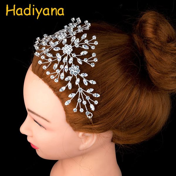 

hadiyana new full zircon wedding crown bridal tiara for party length 21.3cm wide 8.5cm sliver barrettes pop dinner copper bc4700, Golden;white